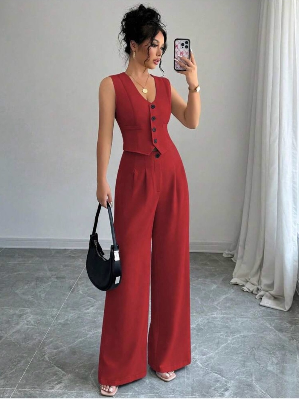 Women’s Red Wide-Leg Buttoned Jumpsuit